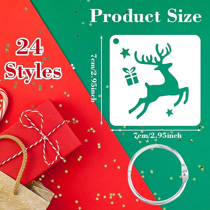 24 Pcs Small Christmas Stencils, 3" Christmas Stencils for Painting On Wood, Reusable Snowflake Santa Claus Christmas Tree Drawing Painting Holiday Stencil for DIY Card Craft Home Decor