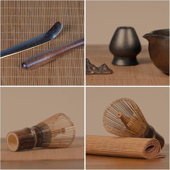 7-Piece Matcha Set, Ceramic Matcha Bowl, Bamboo Whisk (Chasen), Whisk Holder, Sifter, Tea Scoop & Scoop Rest, Special Bamboo Tea Mat, Harmonious Color Matcha Making Kit, Gilded