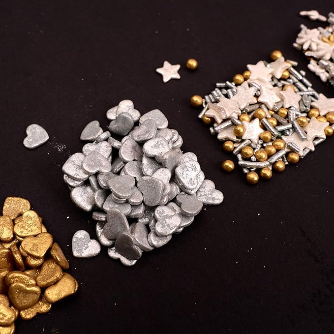 Confect Christmas Sprinkles | Grey, Gold & White Mix | Edible Star, Pearl & Flower Shaped Sprinkles | Elegant Holiday Cake & Cupcake Decorations- 5 Oz