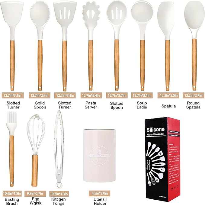 12-Piece Silicone Kitchen Utensil Set with Wooden Handles – Heat Resistant Cooking Tools – Spatula, Spoon, Tongs, Whisk & Holder – Nonstick Cookware Safe – White, Gray, Black (White)