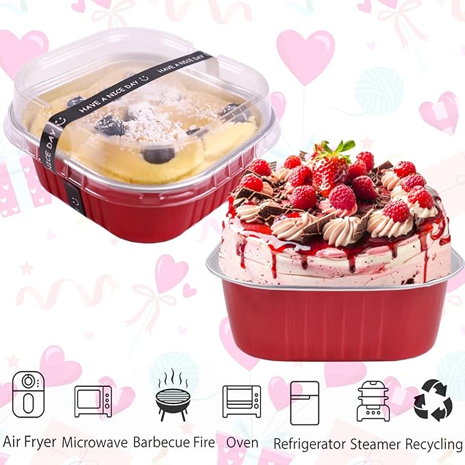 10oz Mini Cake Pans With Lids 50 Pack Aluminum Foil Square Brownie Baking Cups,4”x4” Disposable Loaf Pans With Lids and Spoons Stickers,Large Cupcake Pans Muffin Cake Tins Cake Container(Red)