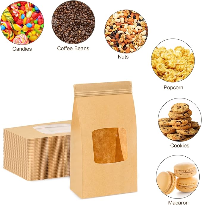 Ocmoiy 100Pcs Small Bakery Cookie Bags with Window, 3.5x2.36x6.7 Inch Tin Tie Tab Lock Kraft Paper Bags with Thank You Stickers for Cookie, Coffee, Bread