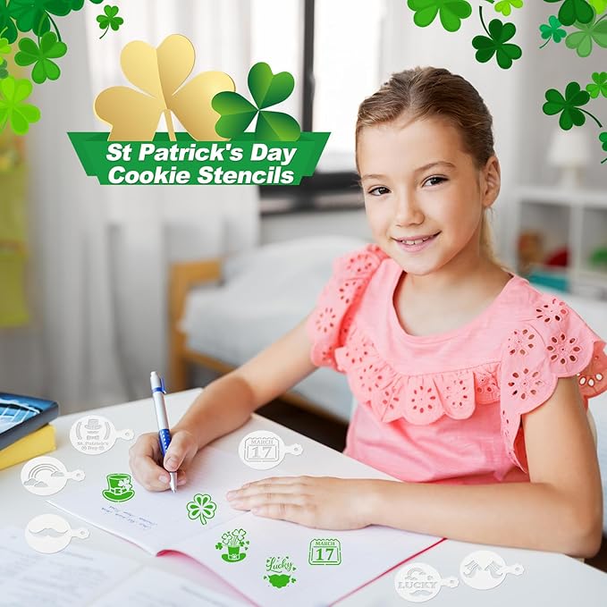 56 Pcs Reusable St Patrick's Day Cookie Stencils Small Shamrock Cookie Templates for Holiday Baking Dessert Painting Irish Party Decoration Coffee Art Face Painting Kitchen Baking Accessories