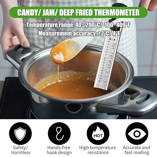 2Pcs Candy Thermometer with Pot Clip and Hanging Hook, Upgrade Stainless Steel Deep Fry Oil Thermometer Instant Read Cooking Thermometer for Food, Oil/Candy/Fry/Jam/Sugar/Syrup/Jelly Food Thermometers