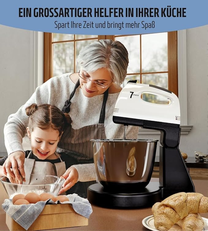 Stand Mixers, 7 Speeds With 3QT Stainless Steel Bowl, Stand and Hand Mixer with Dough Hook, Whisk, Mixing Beater for Baking, Cake, Cookie, Kneading (GU1)