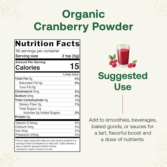 Quay Naturals Organic Cranberry Juice Powder, 4oz | Made from US-Sourced Cranberries | USDA Organic, Freeze-Dried, Non-GMO, No Additives | For Smoothies & Baking
