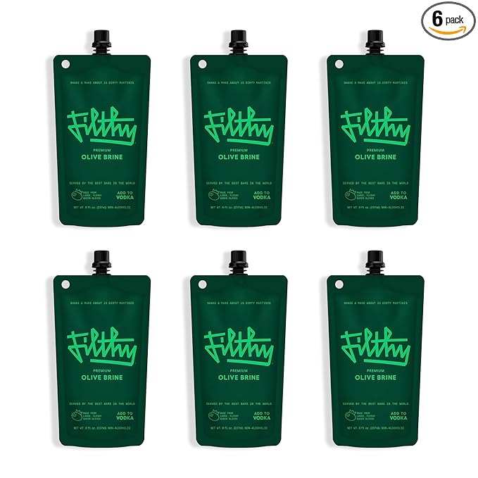 Filthy Olive Brine, Premium Cocktail Mixer, Filtered for Dirty Martinis, Olive Juice for Cocktails, Made from Naturally Cured Olives, Non-GMO, Gluten Free, 8 Oz Pouch, 6 Pack