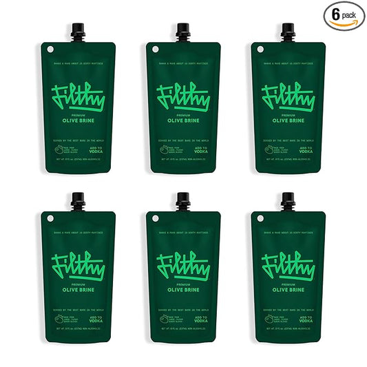 Filthy Olive Brine, Premium Cocktail Mixer, Filtered for Dirty Martinis, Olive Juice for Cocktails, Made from Naturally Cured Olives, Non-GMO, Gluten Free, 8 Oz Pouch, 6 Pack