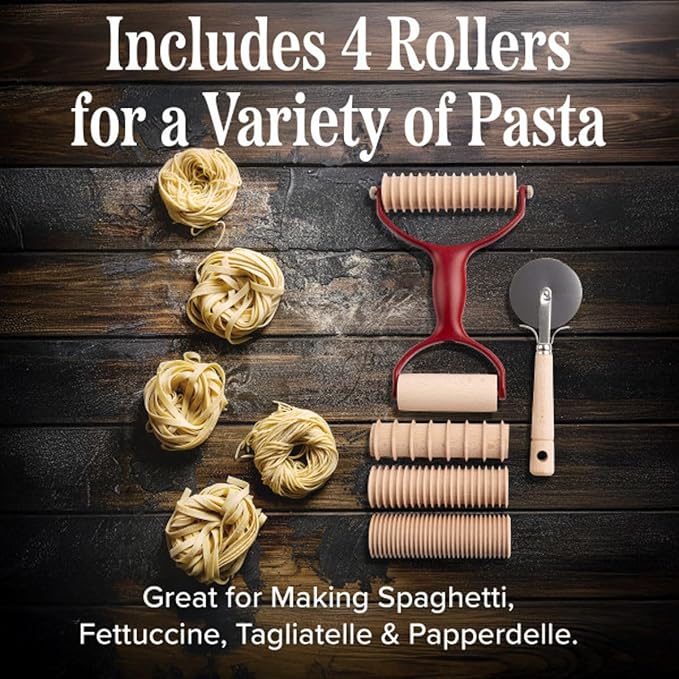 7 Pcs Pasta Making Tools - Kitchen Set with Handle, Pasta Cutter, Small Rolling Pin, and 4 Grooved Rollers for Spaghetti, Fettucine, Tagliatelle, and Pappardelle - Made in Italy by Classic Cuisine