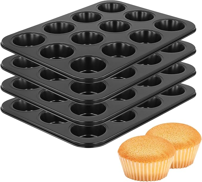 12 Cup Muffin Top Pan, 3 inch Nonstick Steel Baking Whoopie Pies Muffin Cupcake Pan for Eggs Bites, Cookies, Cupcakes, Black, 4 Pack