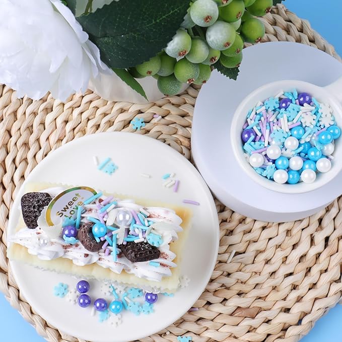Winter Snowflake Sprinkles for Cake Decorating, Jimmies & Pearl Sugar Mix for Cupcakes, Cookies, Ice Cream & Holiday Desserts, Birthday Party Supllies
