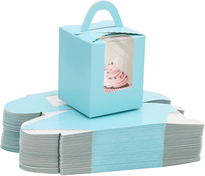 acDesign 100Pcs Cupcake Boxes 3.6in*3.6in*4.3in Single Cupcake Carrier With Window Handle and Inserts for Wedding Birthday Party Gift (Blue)