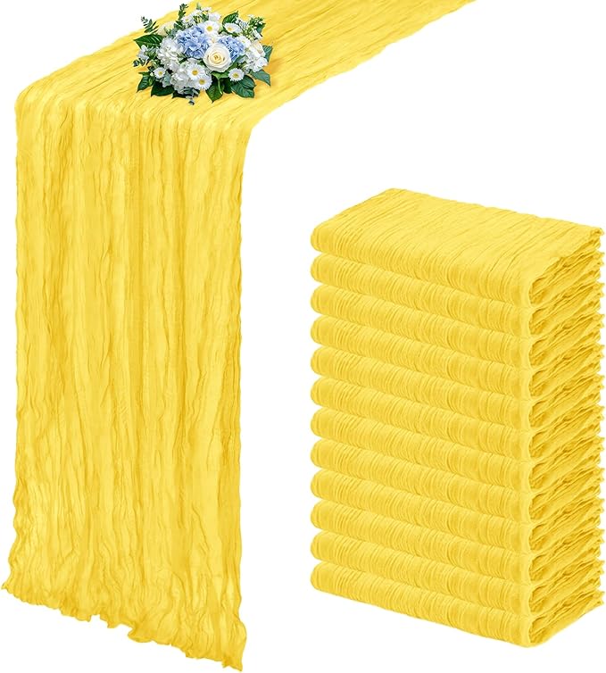 12 Pack Lemon Yellow Cheesecloth Table Runner 17x108 Inch Semi Sheer Boho Gauze Cheese Cloth Fabric Table Runners, for Wedding Party Baby Shower Birthday Home Decor Garden Farmhouse
