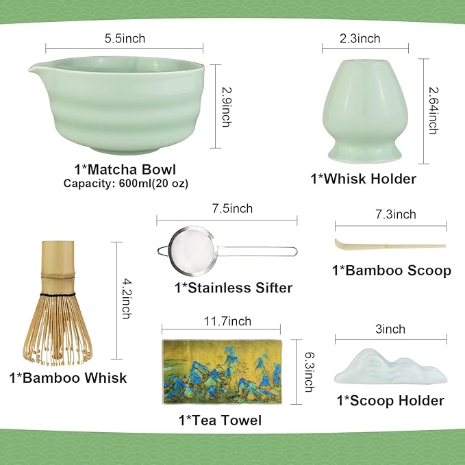 RONBEI Matcha Whisk Set, Japanese Matcha Set with Ceramic Bowl, Bamboo Whisk, Stainless Sifter, Scoop and Holder, Jade Green Matcha Kit for Matcha Lover(7 Pcs)