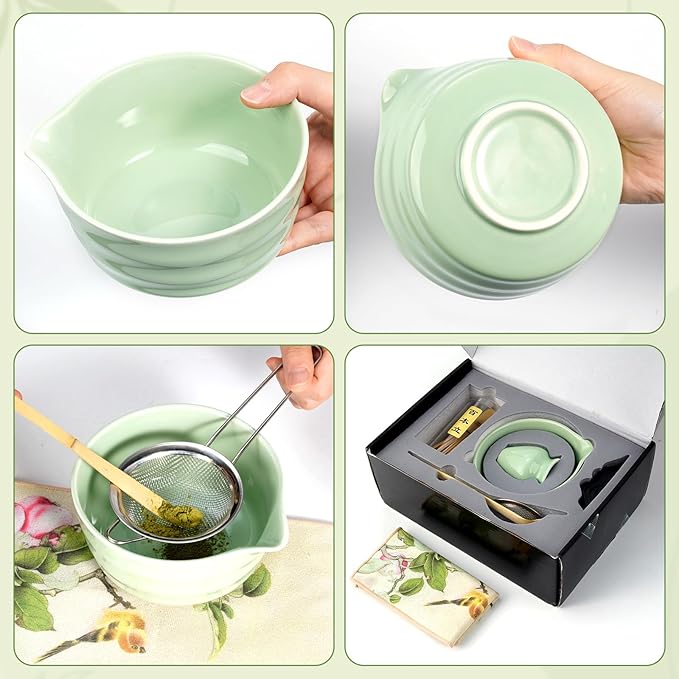Fantasyon 7 Pcs Matcha Whisk Set Matcha Kit, Includes Bowl with Spout, Bamboo Whisk, Holder, Spoon, Sifter, Stand and Tea Towel for Ceremony Tea Lovers Family Friend Christmas Birthday Gift
