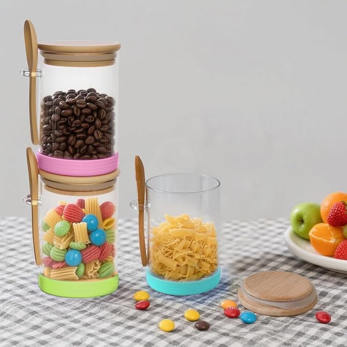 3pcs 18.5 oz Glass Canisters Glass Jars with Spoons and Bamboo Lids Borosilicate Glass Overnight Oats Jar - Airtight Overnight Oats Container with Lid for Spices, Coffee Bean, Sugar, Food Storage