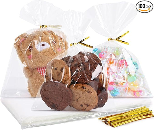 SUREHOME Cellophane Treat Bags 5x7 In 100 Pcs Individual Cookie Bags Small Plastic Clear Gift Bag with Ties for Gift Giving Birthday Party Favors Candy Snack Dessert Baked Goods Packaging