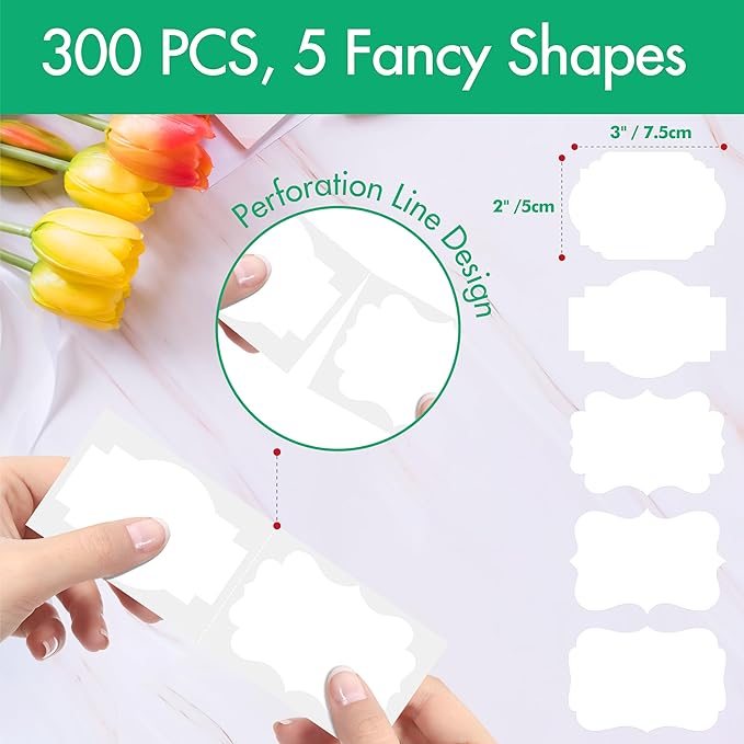 300 PCS White Stickers, 5 Shape Water/Oil/Tear Resistant Blank Stickers Removable with no Residue for Name Tags, File Folders, Food Jars, Gift Tags, Home Office Business Uses (2” x 3”) ﻿