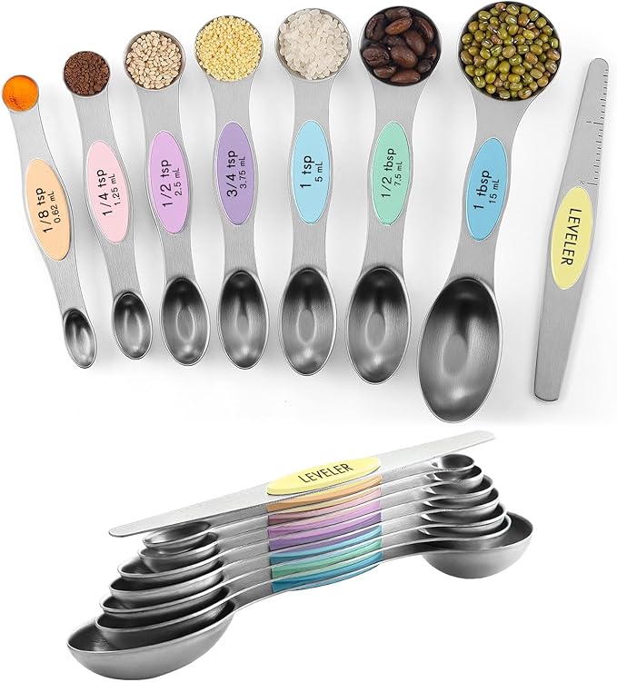 Pack of 8 Stainless Steel Magnetic Measuring Spoons Set, Dual Sided, Stackable, Adjustable Teaspoon and Tablespoon Measure Spoon with Leveler, Kitchen Gadgets