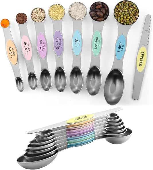 Pack of 8 Stainless Steel Magnetic Measuring Spoons Set, Dual Sided, Stackable, Adjustable Teaspoon and Tablespoon Measure Spoon with Leveler, Kitchen Gadgets