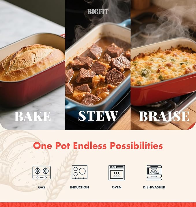 2 IN 1 Cast Iron Bread Loaf Pan with Lid, 3.4QT 9x5 Inch Dutch Oven for Bread Baking, Even Heating Bread Oven, Enameled Bread Pan for Homemade Sourdough Bread Baking & Versatile Cooking, Red