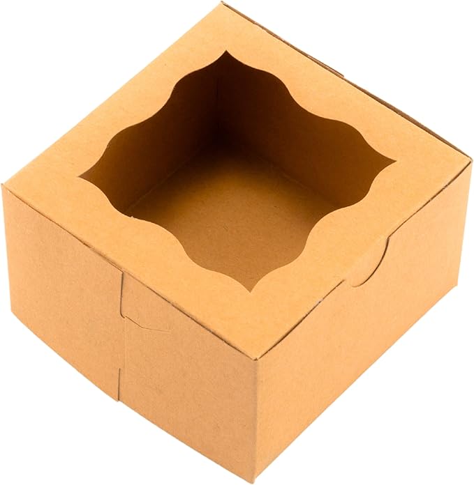 BAKELUV 25pcs Brown Small Cookie Boxes with Window, 4x4x2.5 Inches Bakery Boxes, Mini Cake, Treats, Macaron Packaging, Individual Cupcake, Gift Giving