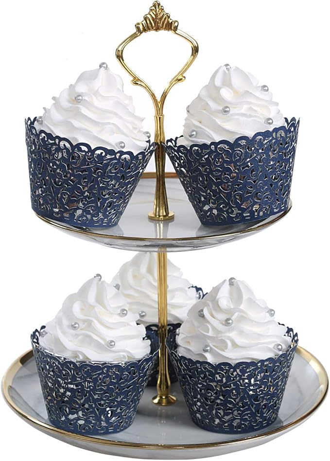 KPOSIYA Pack of 120 Cupcake Wrappers Artistic Bake Cake Paper Cups Vine Designed Laser Cut Cupcake Wraps Baking Cup Muffin Case Trays for Wedding Baby Shower Party Birthday Decoration (120, Navy blue)