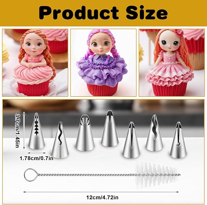 7PCS Pleated Skirt Piping Tips with Cleaning Brush, 430 Stainless Steel Frosting Tips Cake Decorating Tip Icing Tip Nozzle Tool for Pastry Bags Cupcakes Cake Decorating