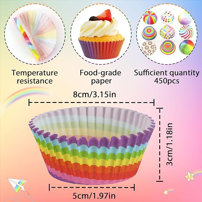 SANNIX 450pcs Rainbow Cupcake Liners, Colorful Baking Cups Cupcake Wrappers Paper Wraps Muffin Liners for Birthday Pride Party Candy Cake Decorations Supplies(9 Designs)