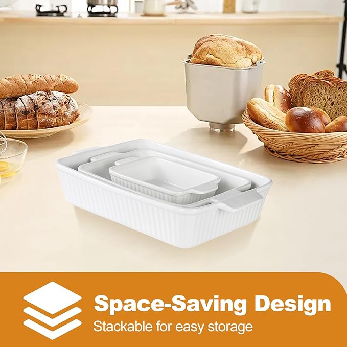 Casserole Dishes for Oven, Porcelain Baking Dishes, Ceramic Bakeware Sets of 3, Rectangular Lasagna Pans Deep with Handles for Baking Cake Kitchen ﻿ (white)