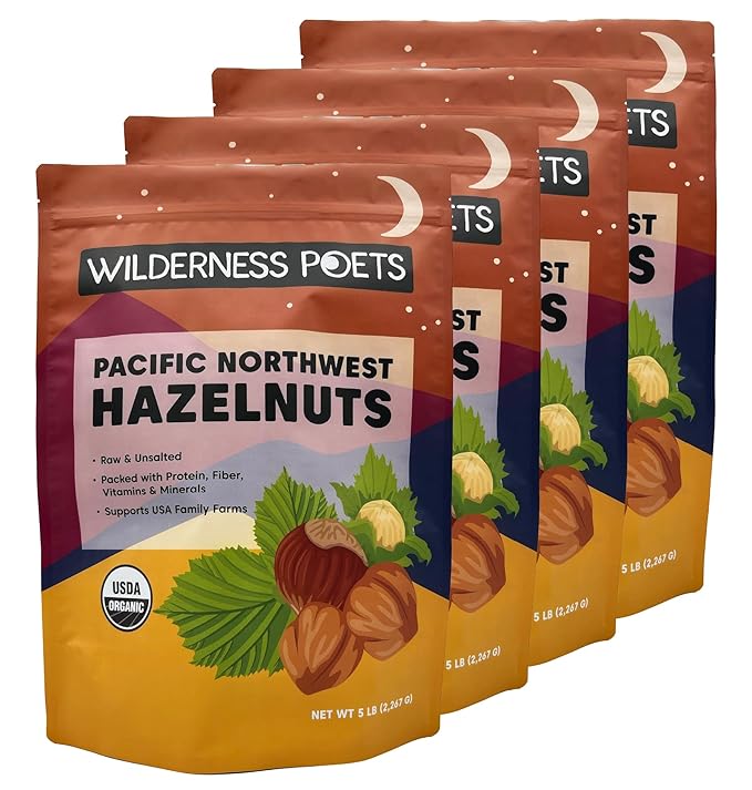 Wilderness Poets, Organic, Pacific Northwest-Grown Hazelnuts - Raw, Whole Nuts with Skins, No Shells. Bulk Size - 5 Pound (Pack of 4)