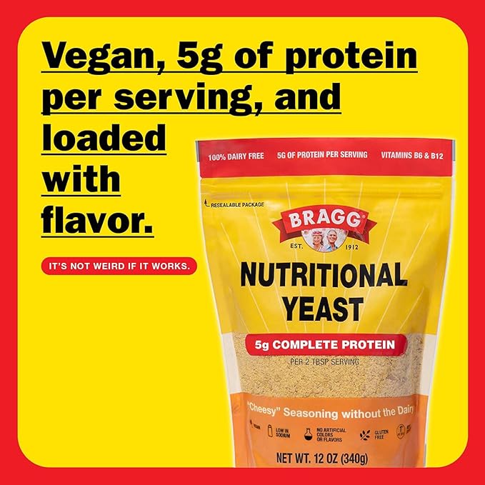 Bragg Premium Nutritional Yeast Seasoning - Vegan, Gluten Free – Good Source of Protein & Vitamins – Nutritious Savory Parmesan Cheese Substitute (12 Ounce (Pack of 2), Original)