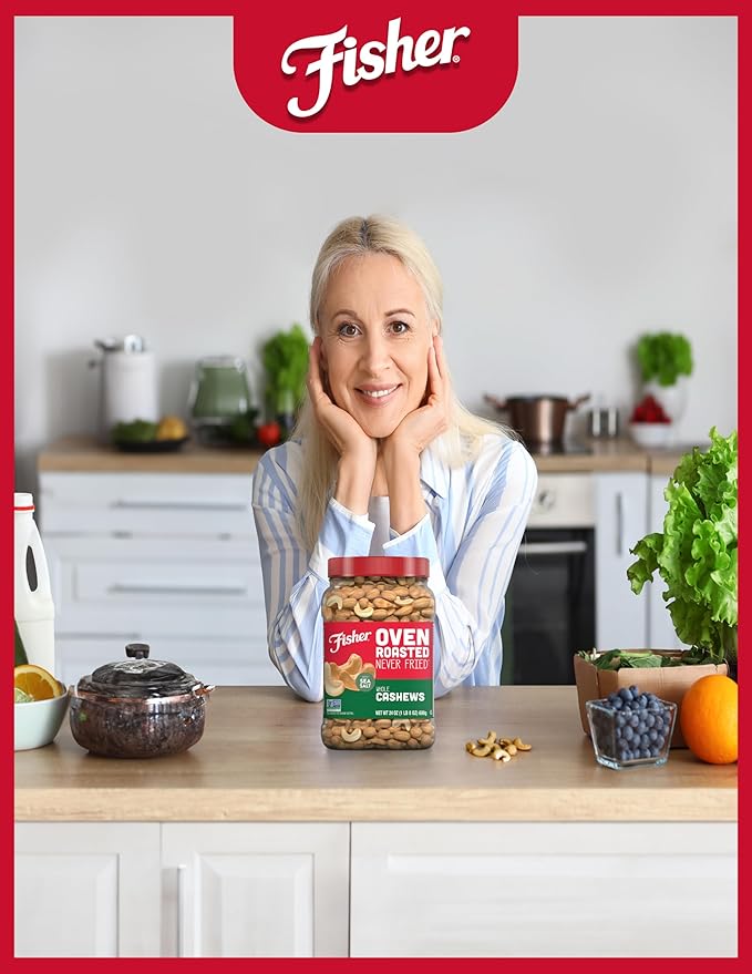 Fisher Oven Roasted Never Fried Whole Cashews, 24 Ounces (Pack of 1), Snacks for Adults, Made With Sea Salt, No Added Oils, Artificial Ingredients or Preservatives, Gluten Free, Vegan Protein, Bulk