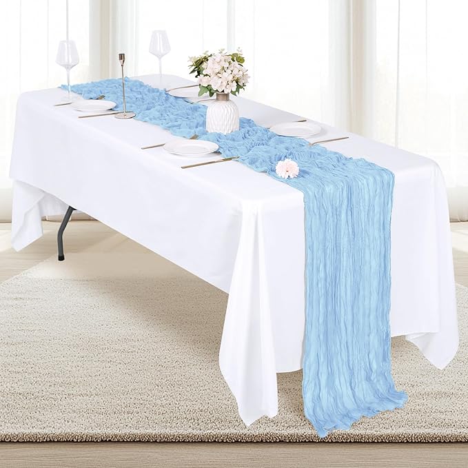 6 Pack Baby Blue Cheesecloth Table Runner 17x108 Inch Semi Sheer Boho Gauze Cheese Cloth Fabric Table Runners, for Wedding Party Baby Shower Birthday Home Decor Garden Farmhouse
