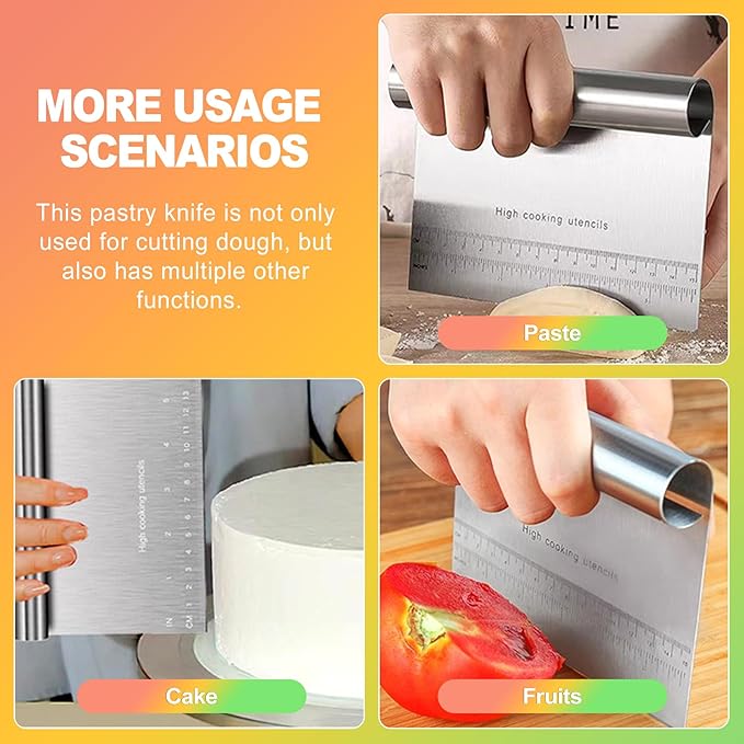 ZukoCert 2-Pack Stainless Steel Bench Scraper – Durable Dough Cutter with Built-In Measuring Ruler (Multipurpose Tool for Pizza, Cake, Baking & Pastry Work, Easy to Clean)