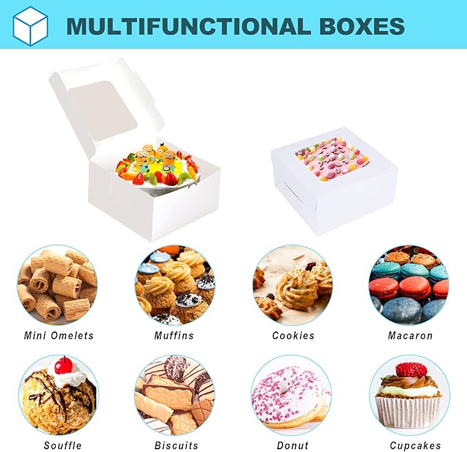 Zzrywuty 50 Packs 4x4x2.5in White Cookie Boxes, Bakery Boxes with Window, Mini Cake Boxes, Cupcake Container Boxes for Cookies, Pastry, Pie, Strawberries, Donuts, Candy, Desserts, Small Cake