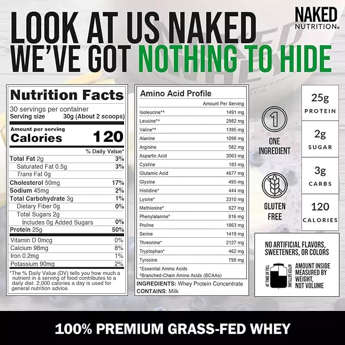 NAKED Whey 2LB 100% Grass Fed Whey Protein Powder - Only 1 Ingredient, Unflavored Whey Protein, Undenatured, Gluten Free, Soy Free, No GMOs, No Preservatives