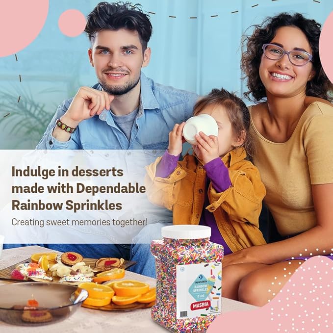 Dependable Food Rainbow Sprinkles - 2 Lb. Bulk Container - Gluten-Free, Kosher, Colorful Jimmies for Cake Decorating, Cupcakes & More - Resealable Jar