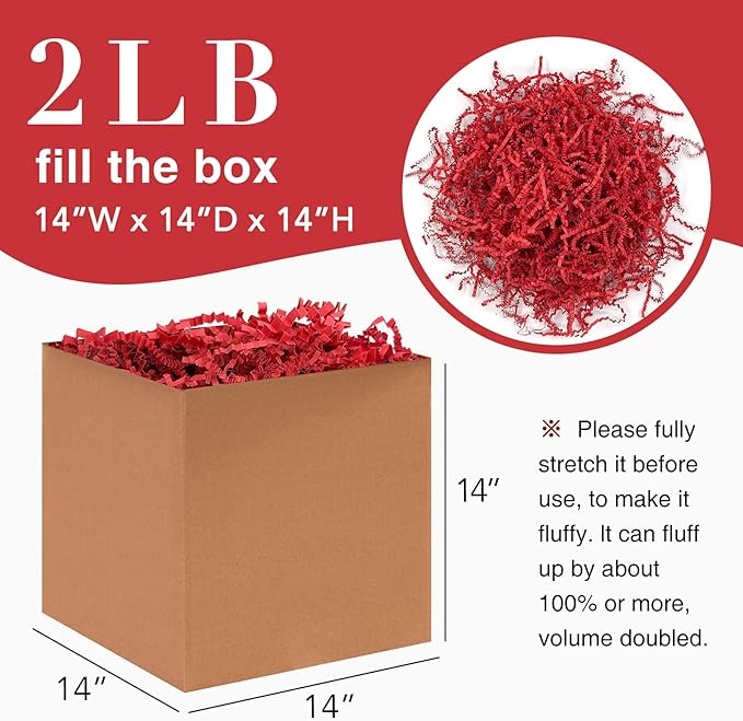 2LB Crinkle Cut Paper Shred Filler for Bag Gift Box Basket Confetti Paper Shreded Stuffing Decoration for Valentine's Day(Red)
