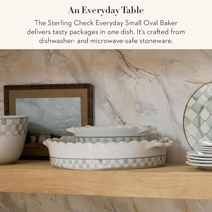 MACKENZIE-CHILDS Everyday Oval Casserole Baker, Cute Oven Baker, Small, Gray-and-White Sterling Check