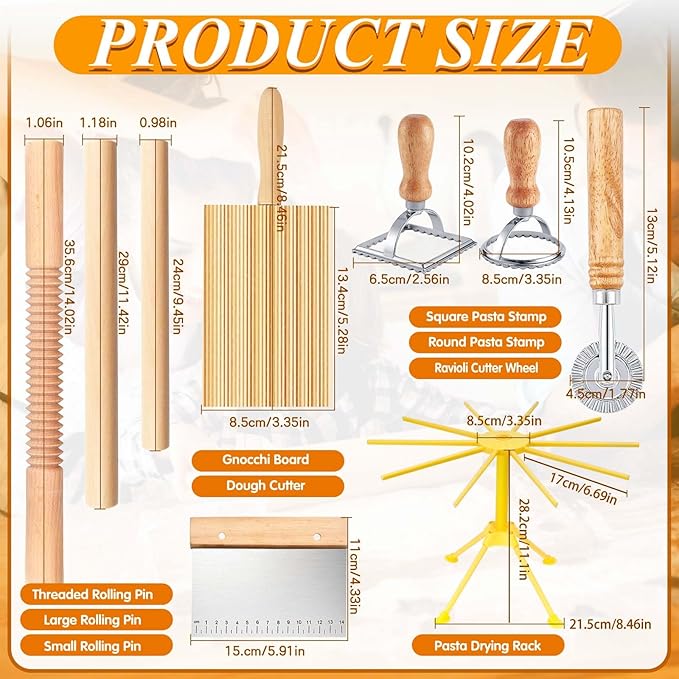 Pasta Making Tools, 9 Piece Wood Pasta Making Kit with 3 Rolling Pins, 1 Pasta Drying Rack, 1 Gnocchi Board, 1 Dough Cutter, 1 Ravioli Cutter, 2 Pasta Stamps, Ravioli Pasta Cutter Set for Pasta Maker
