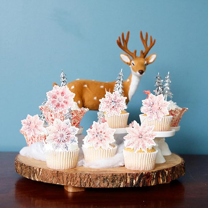 Gyufise 60Pcs Edible Snowflake Cupcake Toppers Winter Cupcake Picks Water Paper Winter Frozen Cake Decorations for Snowflake Theme Baby Shower Kids Birthday Party Supplies Multi Pink