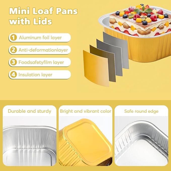 Ruckae 10oz 100 Pcs Square Mini Loaf Pans with Lids-Disposable Foil Dessert Containers,Mini Cake Pans with Lids,Aluminum Dessert Cups for Parties and Weddings (Gold, 10oz)