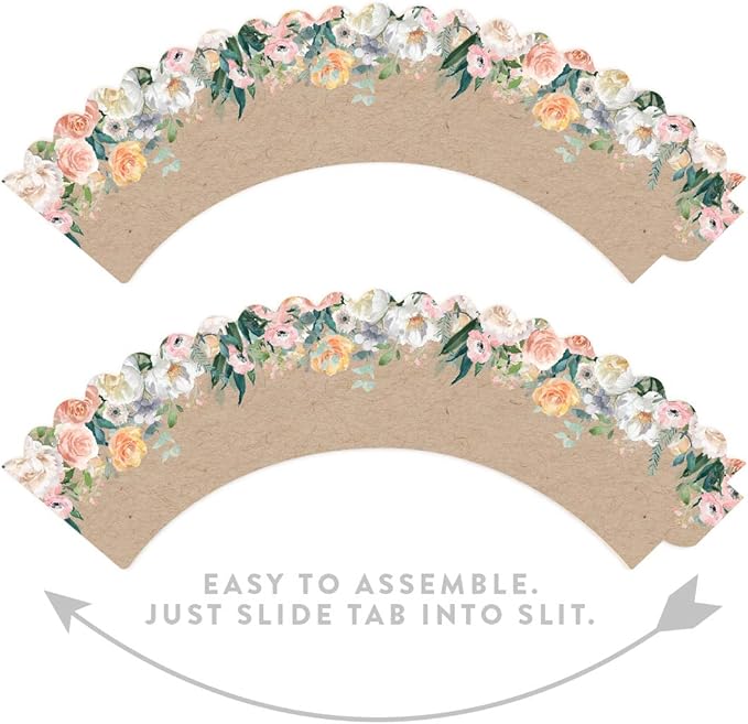 Andaz Press Party Cupcake Wrapper Decorations, Peach Florals on Kraft Brown, 24-Pack, For Girls 1st Birthday Baby Bridal Shower Tea Party Themed Decorations