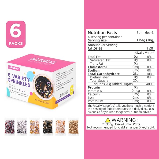 Sprinkles For Cake Decorating, Cupcake, Cookies, Ice Cream Topper, 6 Packs Gold Sprinkles, Silver Sprinkles, Luxury of assorted Sprinkles for Cake Baking, Perfect For Birthdays, Wedding