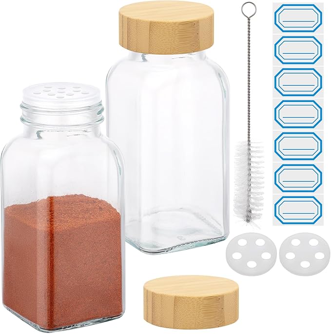 Segarty 6oz Spices Jars with Bamboo Shaker Lids, 2 PCS 180ml Square Spice Containers, Empty Glass Seasoning Organizers for Spices Herbs Storage, Large Salt and Pepper Shakers with 7 Stickers, 1 Brush