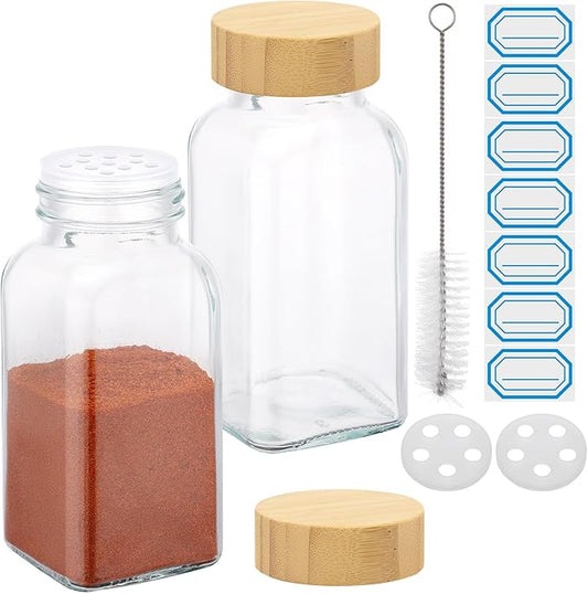 Segarty 6oz Spices Jars with Bamboo Shaker Lids, 2 PCS 180ml Square Spice Containers, Empty Glass Seasoning Organizers for Spices Herbs Storage, Large Salt and Pepper Shakers with 7 Stickers, 1 Brush