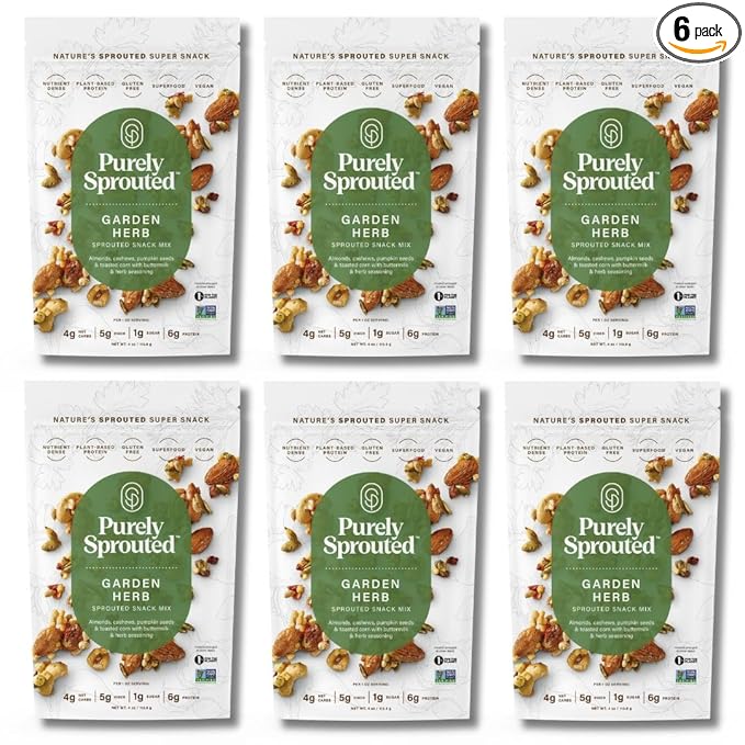 Purely Sprouted Garden Herb Snack Mix: Vegan, Gluten-Free, and Non-GMO Blend for a Healthy Crunch! (4 oz, 6 pack)