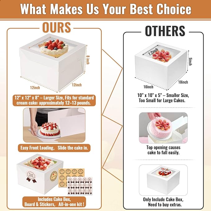 12 Pcs Cake Boxes 12 inch,12x12x8 Inches Cake Box with Window, 5 Pcs Tall 12x12 Cakes Boxes with 5 Pcs Cake Boards, Large Baking Boxes, White Square Cakes Containers for Multi-Layer Cakes