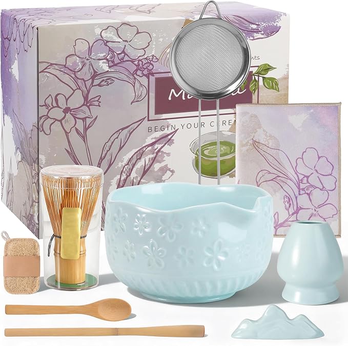 Matcha Set, 9 Pcs Ceramic Matcha Set Includes Bowl, Whisk and Holder, Bamboo Scoop, Scoop Rest, Sifter and Tea Towel ect- Complete Kit for Traditional Matcha, Modern Lattes (Blue)